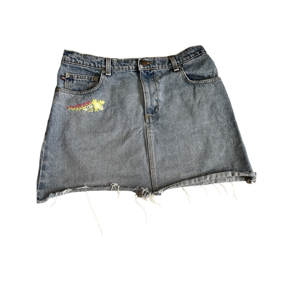 VTG Distressed Polo Ralph Lauren‎ Zoe Embroidered Mini Denim Jean Skirt Size 12